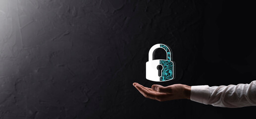 Cyber security network. Padlock icon and internet technology networking. Businessman protecting data personal information,virtual interface. Data protection privacy concept. GDPR. EU.digital crime