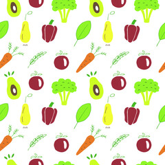 Vegan food vegetables and fruits seamless pattern vector illustration, hand drawing doodles