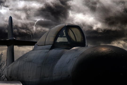 Gloster Meteor twin engine vintage jet fighter cockpit in UK aircraft museum.