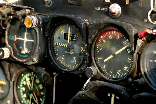 Section of analogue instruement panel in early jet fighter. American T33.