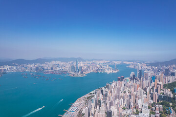 Obraz premium Epic aerial view of the Victoria Harbour, viewing from west