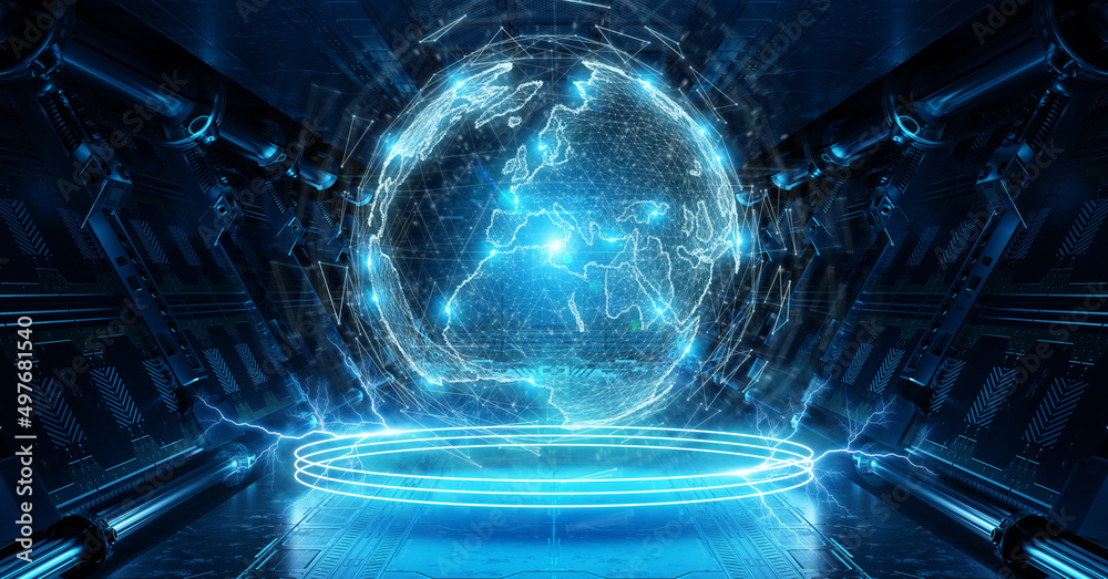 Poster blue spaceship interior with glowing world map. futuristic corridor in space station with projected 