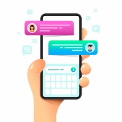 Smartphone mockup in human hand. Text messages. Messaging. Vector colorful social media illustration. Instagram, Whatsapp, Skype