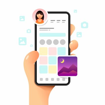 Smartphone mockup in human hand. App dashboard. Profile main screen. Vector colorful social media illustration. Instagram, Whatsapp, Skype