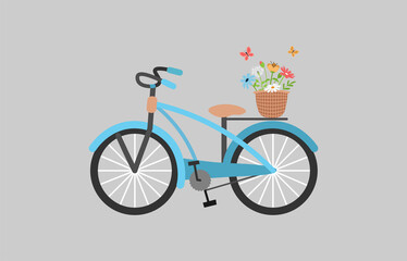 Fototapeta premium Bicycle with flowers and butterflies on grey background. Vector illustration for banners, cards, flyers, prints, social media, spring, summer, sales and more.