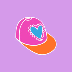 Cute colorful baseball cap with a patch in the form of a lace heart. A hand-drawn flat vector illustration of an isolated headdress in the style of doodles. For shop, card, sticker, Valentine's Day.