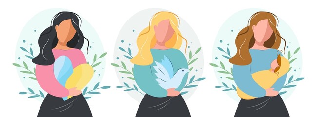 A set of female characters of different peoples who advocate for peace. A girl with a heart, a dove of peace, a mother and a child. Flat vector people set for peace day, women's holiday, mother's day.