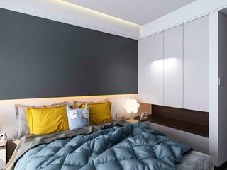 3D rendering, elegant and modern bedroom design, big bed with overcoat cabinet, coffee table, TV, carpet, etc., very comfortable and leisure.