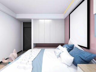 Fototapeta na wymiar 3D rendering, elegant and modern bedroom design, big bed with overcoat cabinet, coffee table, TV, carpet, etc., very comfortable and leisure.