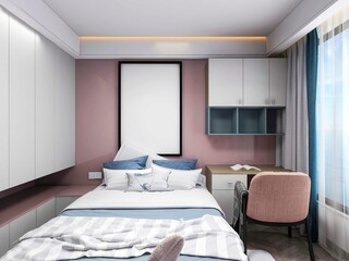 Fototapeta na wymiar 3D rendering, elegant and modern bedroom design, big bed with overcoat cabinet, coffee table, TV, carpet, etc., very comfortable and leisure.