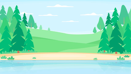Fototapeta na wymiar Summer landscape with forest on hills near river. National park or reserve with lake. Natural background. Vector 