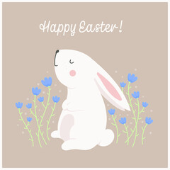 Easter card with rabbit and blue flowers, pastel colors, flat style. Spring. Cute 