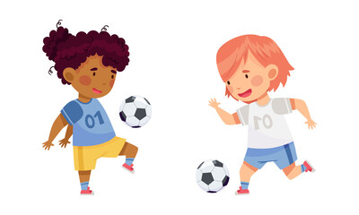 Happy girls playing soccer. Cute kids running and kicking ball cartoon vector illustration