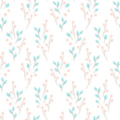 Pink blossom and leaves branches on whyte background. Spring flower seamless pattern.