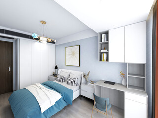 3D rendering, elegant and modern bedroom design, big bed with overcoat cabinet, coffee table, TV, carpet, etc., very comfortable and leisure.