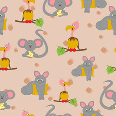 Baby animals seamless pattern. Cartoon animals for print, fabric, wallpaper. Mouse, cat and vulture.