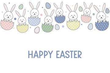 Colourful Easter card with bunnies, eggs and wishes. Vector