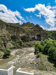 Picturesque view of the river and mountains near the Gunib fortress. Russia, Dagestan. June 2021.