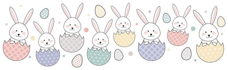 Easter banner with funny rabbits and eggs. Vector