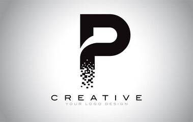 P Initial Letter Logo Design with Digital Pixels in Black and White Colors.