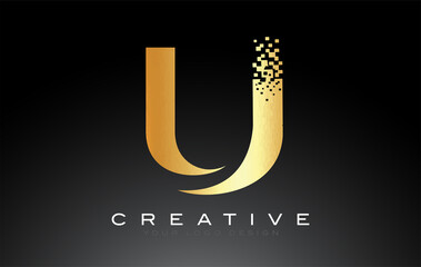 U Initial Letter Logo Design with Digital Pixels in Golden Colors. © twindesigner