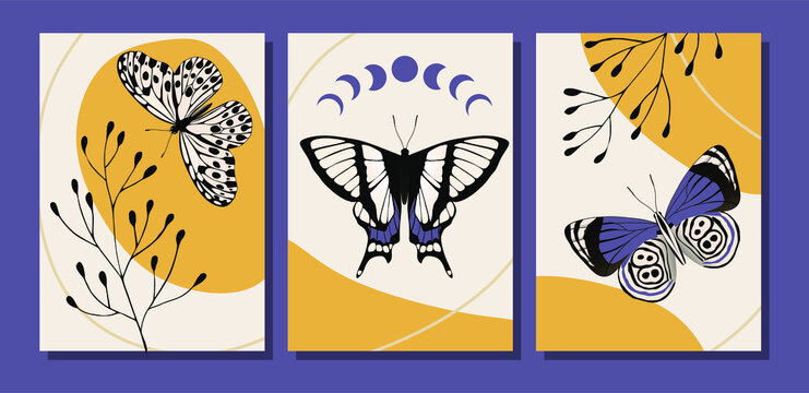 Botanical wall art vector set. Retro tone boho foliage line art drawing with abstract shape and butterflies.