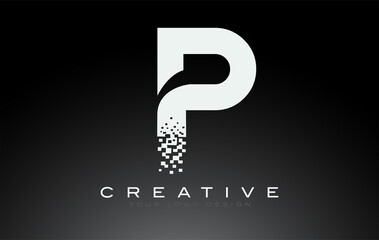 P Initial Letter Logo Design with Digital Pixels in Black and White Colors.