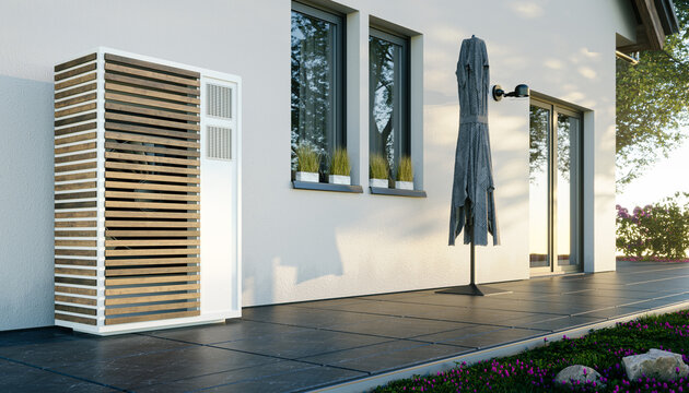 Renewable energy concept. Modern heat pump system beside single family house. 3D rendering.