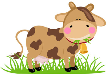 Cute brown cow in the pasture eating grass