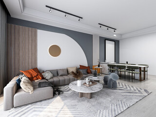 Fototapeta premium 3D rendering, spacious living room design of modern residence, with sofa, tea table, decorative painting, etc
