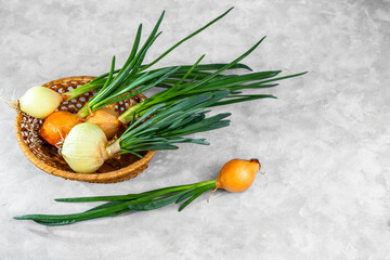 Naklejka na ściany i meble Spring sprouted green onions in a basket on a light background. Copy space