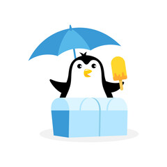 Penguin sells ice cream. Mascot cartoon vector illustration.