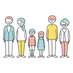 正面を向いて立つ三世代家族のイラスト