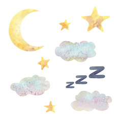 Watercolor illustration set of moon, stars, clouds, letters ZZZ . Night sky for kids and magical, fabulous illustrations. For decor, stickers, posters, metrics, wallpapers, prints, postcards.