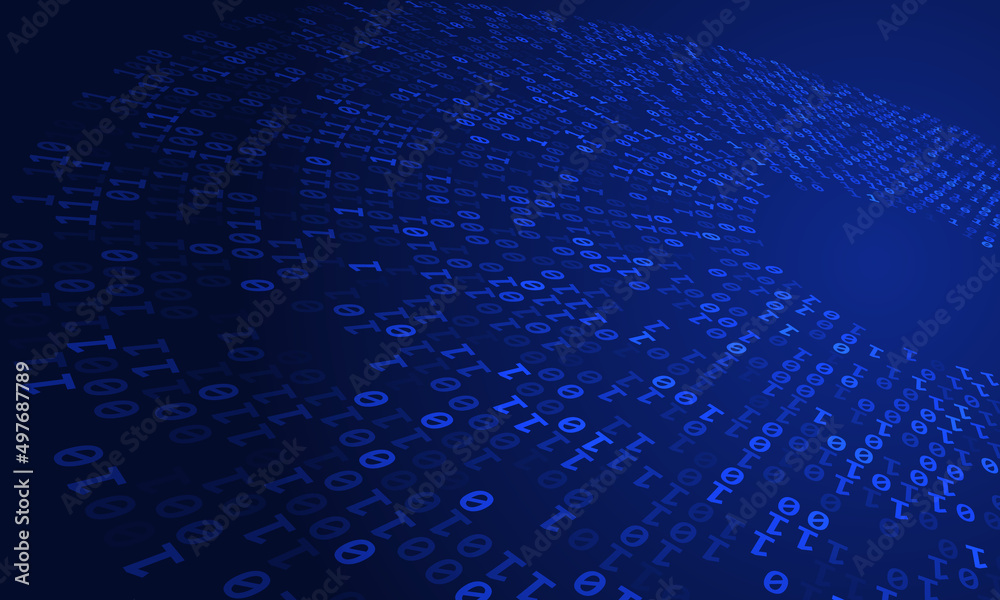 Poster Blue colors numbers one and zero with perspective view. Big data concept.