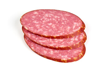 Salami sausage slices, isolated on white background.