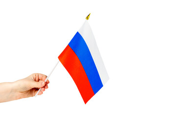 Russian flag in hand, isolate on white background
