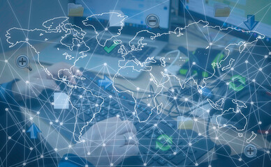 Network internet technologies, digital software development, future technologies and concepts. Global network. World map.