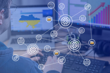 Network internet technologies, digital software development, future technologies and concepts. Caria of Ukraine on the monitor