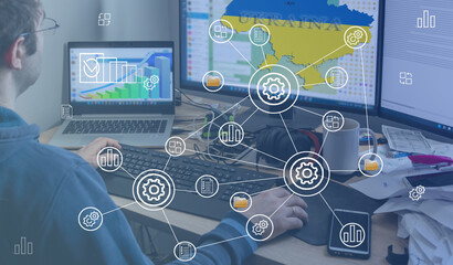 Network internet technologies, digital software development, future technologies and concepts. Caria of Ukraine on the monitor