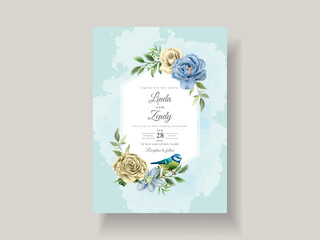 Blue and yellow floral wedding invitation card