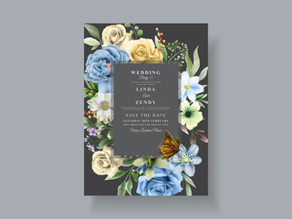 Blue and yellow floral wedding invitation card