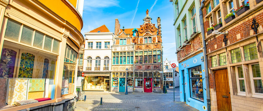 Ghent old town view, Patershol quarter. Patershol is popular tourist attraction in Ghent city, Belgium 2021.