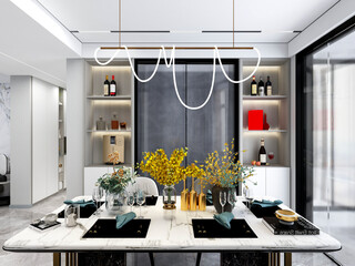 3D rendering, spacious dining room design next to the modern kitchen, with a beautiful dining table and greenery