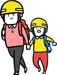 災害が発生して親子で避難場所に移動する