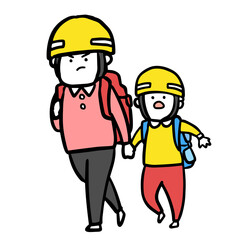 災害が発生して親子で避難場所に移動する