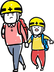 災害が発生して親子で避難場所に移動する