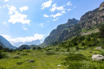 Fototapeta na wymiar View of the Chegem gorge near the waterfall Abai-Su. Kabardino-Balkaria June 2021.
