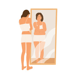 A sad young woman looking at her distorted reflection in the mirror. Self hate, body shaming, dissatisfaction with appearance. Anorexia, dysmorphophobia concept. Vector illustration in cartoon style.	