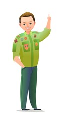 Pretty little boy in scout uniform with badges. Cheerful guy. Standing pose. Cartoon flat design in comic style. Single character. Illustration isolated on white background. Vector